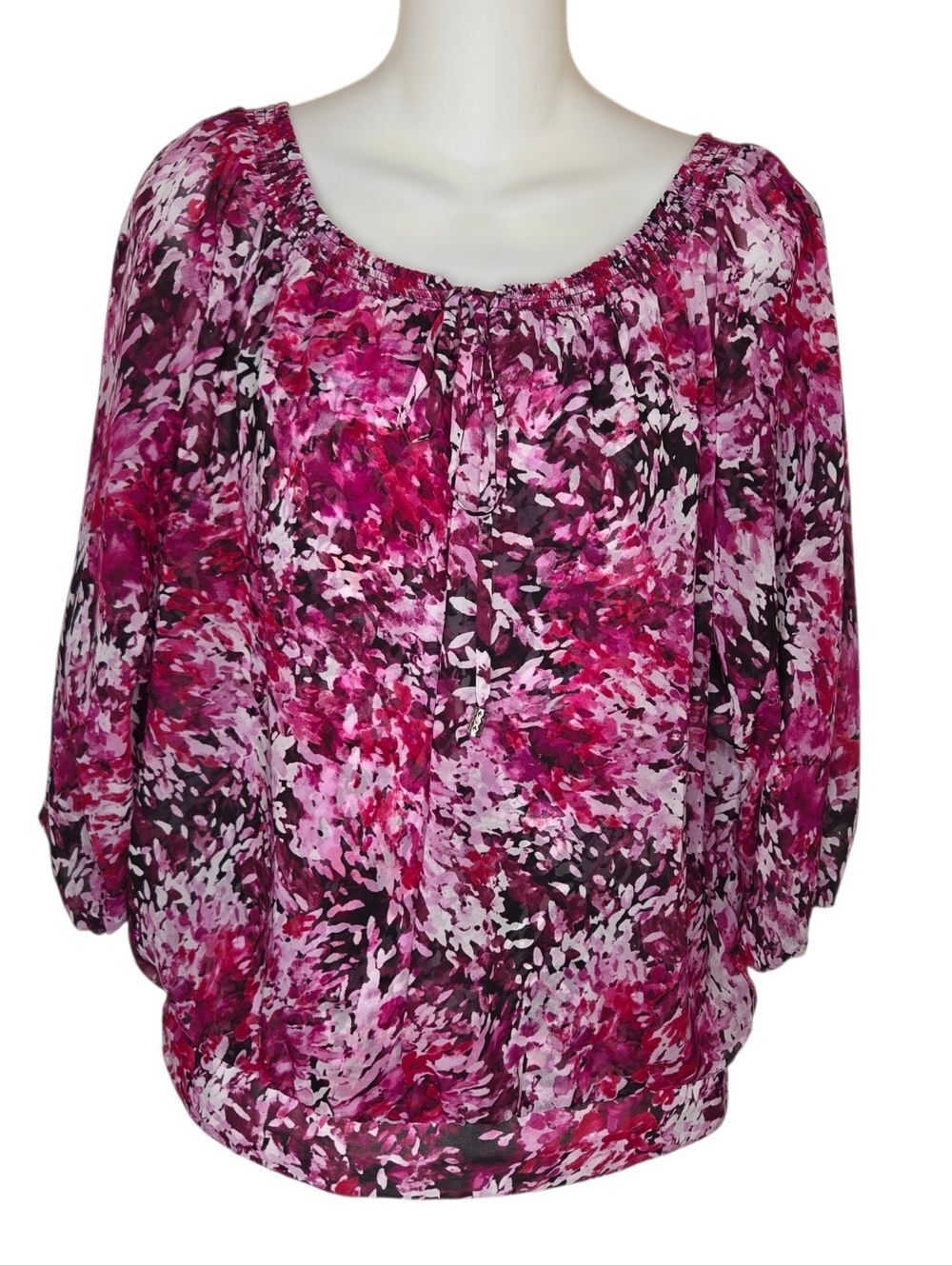 White House Black Market Abstract Floral Smocked Bubble-Hem Blouse - Size S